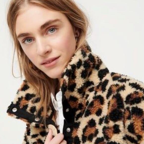 J.Crew Vintage Sherpa Leopard Snap Collar Fleece Pullover Sz Small EUC Ski Snow - Picture 4 of 12